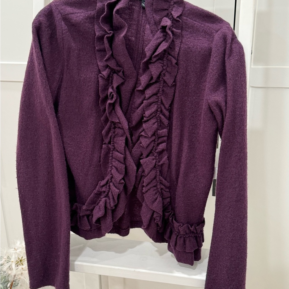 Plum colored ruffle front cardigan size 4-6.